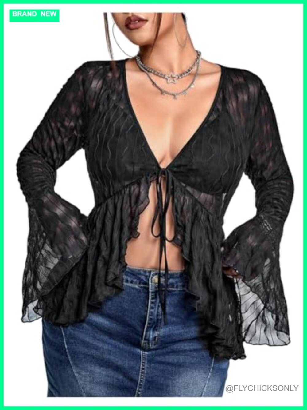 Plus Size Sexy Sheer Mesh Top Deep V Neck Bell Long Sleeve Tee